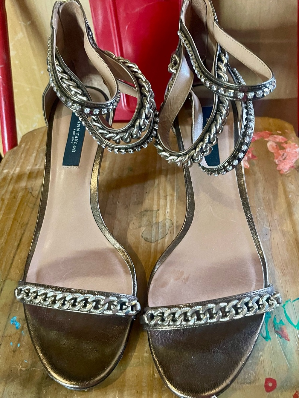 Ann Taylor Metallic Gold Chain-Strap Women's Heels